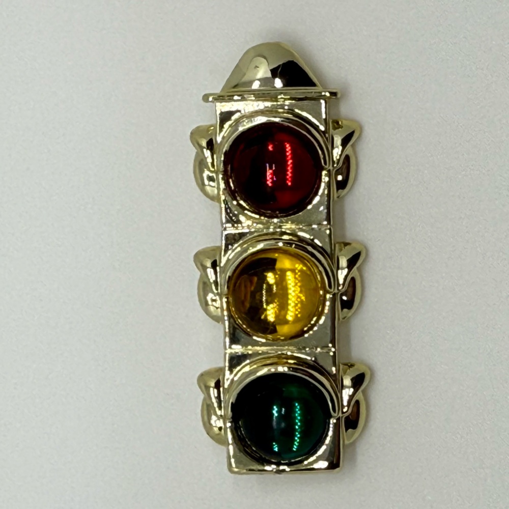Traffic Light Brooch in Gold, Red, Yellow, and Green